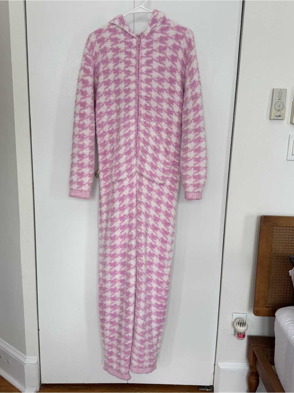 SKIMS Cozy Pink & White Houndstooth Hooded Onesie